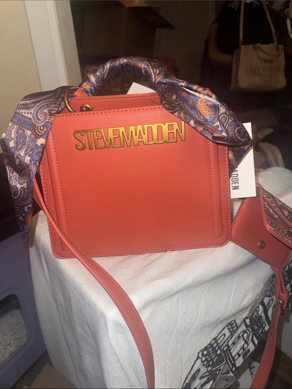Steve Madden Coral-Orange Crossbody with Paisley Scarf Accent